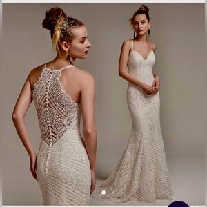 Maggie Sottero Beaded Sequin Lace Trumped Wedding Prom Gown